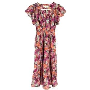 Trovata Birds of Paradise Floral Tiered Midi Dress Smocked Waist V-Neck Women XS